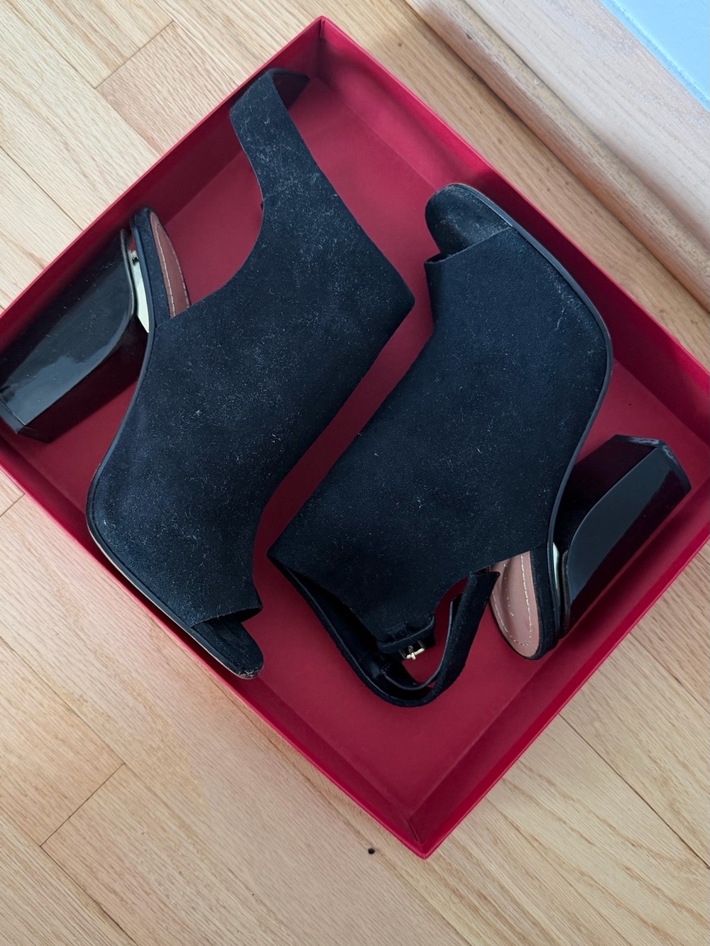 Zara Black Suede Open-Toe Block Heels